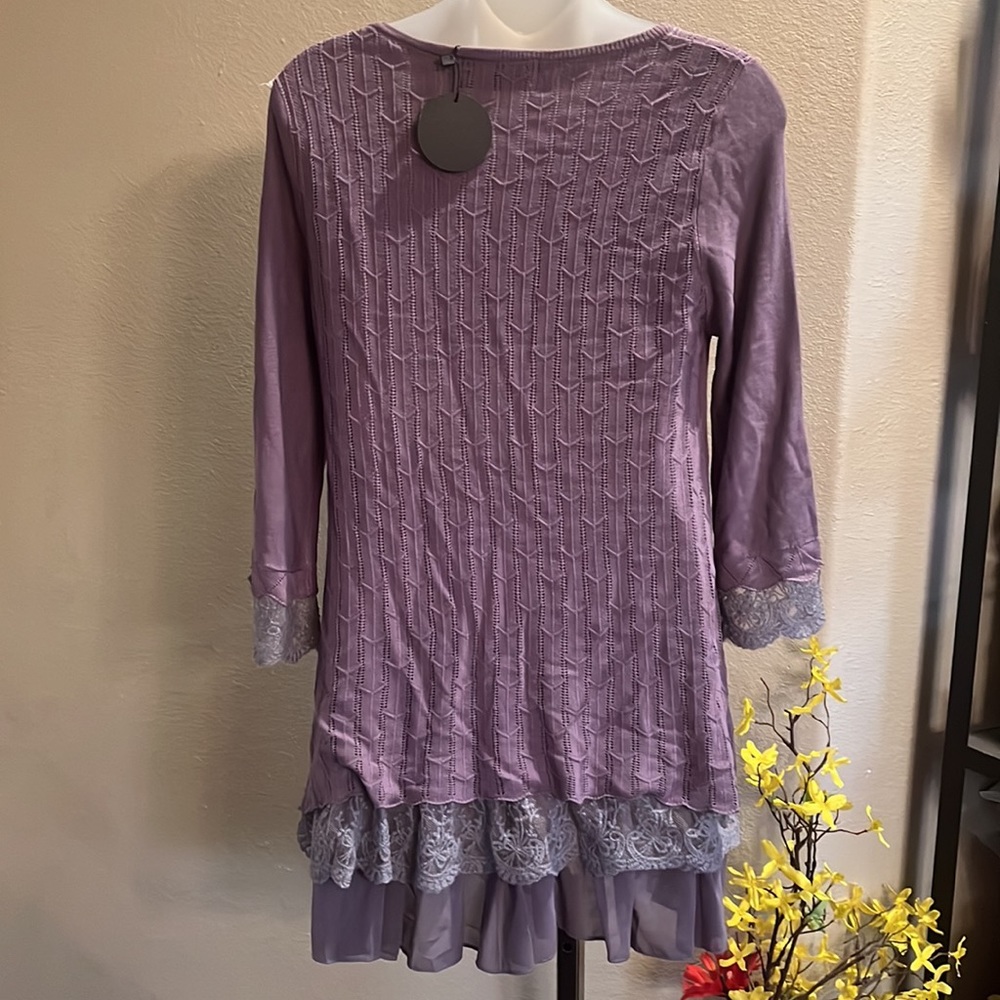 P Luca Chevron Knit Tunic Sweater NWT Lilac Purple, Mesh + Lace Accents, Size M - Picture 3 of 6